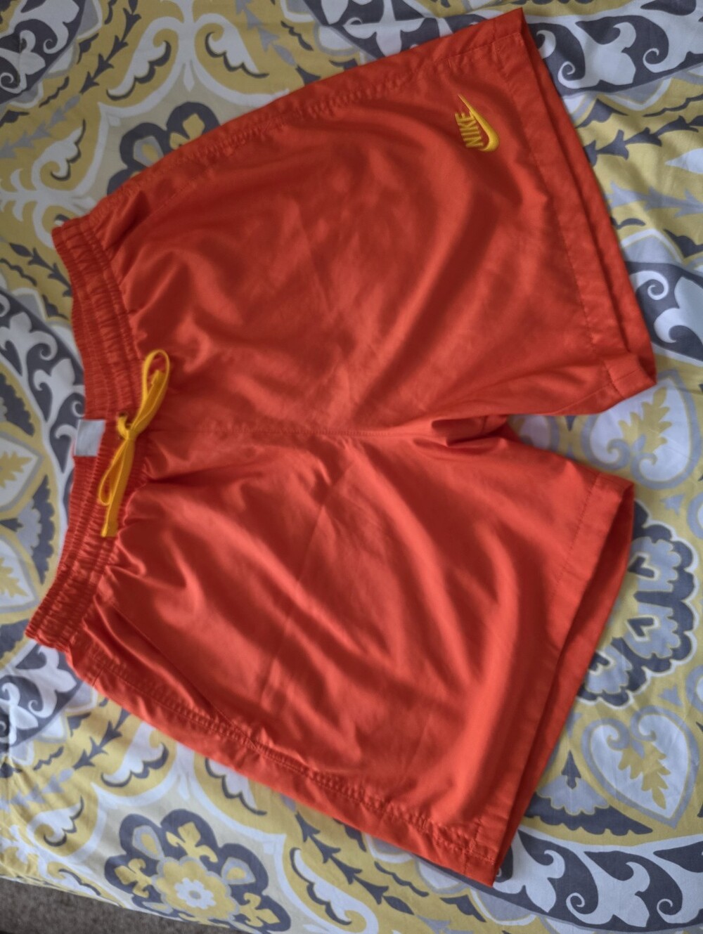 Nike Men’s Bright Orange Athletic Shorts with Yellow Drawstring